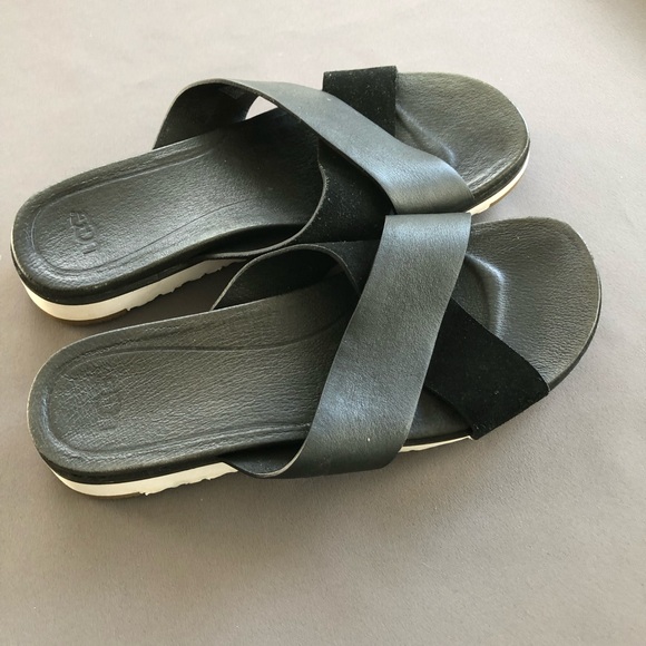 UGG woman's Kari black leather slide/sandal, SZ 8.5 - Picture 3 of 7